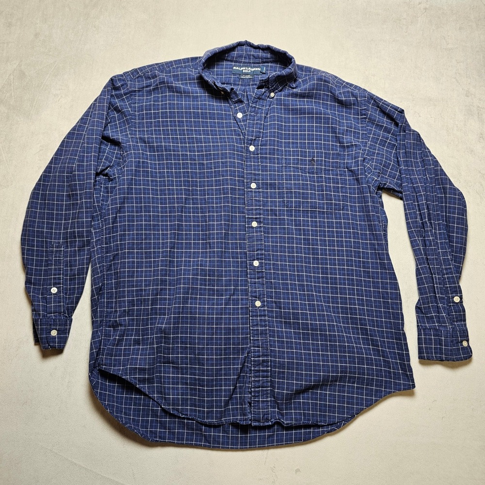 Ralph Lauren Golf Mens Large Blue Windowpane Check Button Down Shirt Tilden